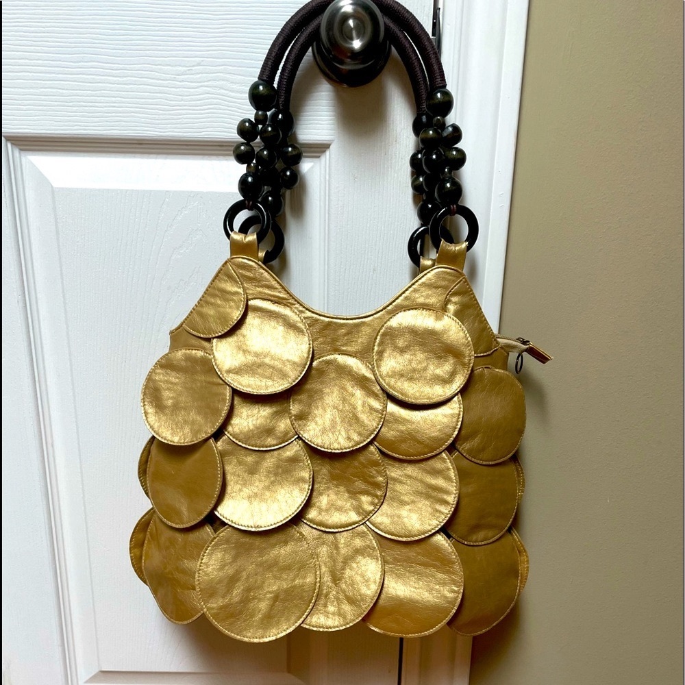 Gold vegan leather petals, wooden bead straps